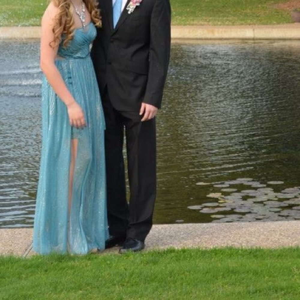 Blue green strapless prom dress